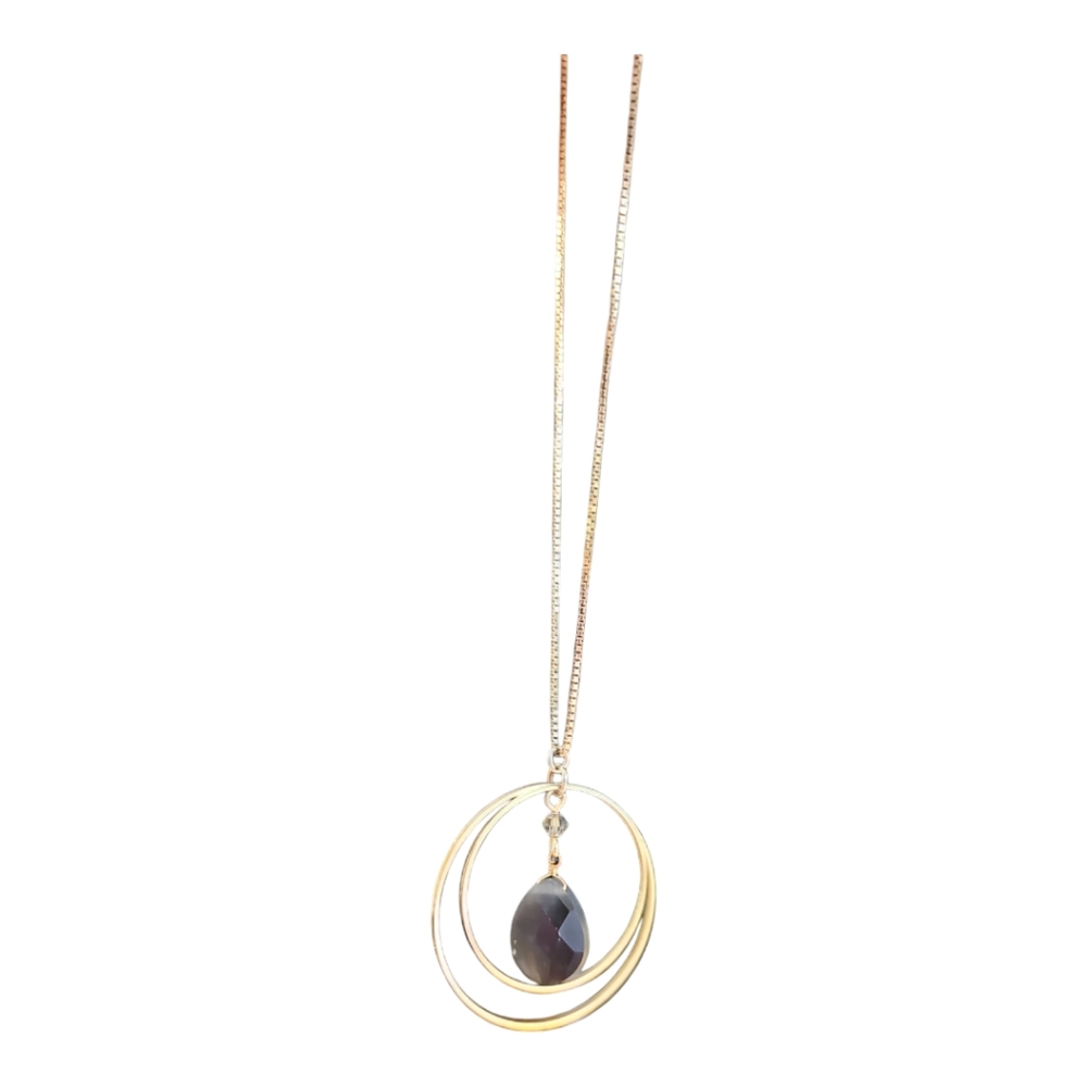 DANECRAFT Vintage 925 Gold Tone Necklace Double Hoop Smoky Gray Stone